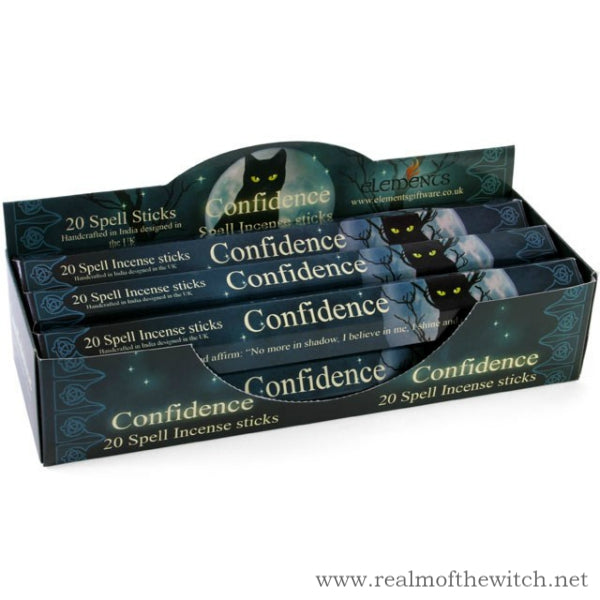 'Confidence' fragrance incense sticks. Each pack contains 20 sticks. Packaging is designed by Lisa Parker. Light the incense and affirm.  Each stick is 24 cm long in a box of 20 sticks, with full colour artwork and an affirmation for each Spell: "No more in shadow, I believe in me, I shine and others notice me"