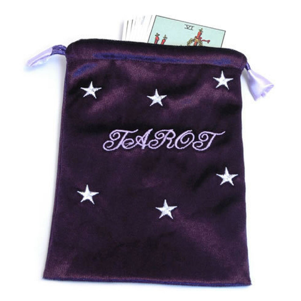Made specifically for Tarot cards, this bag will hold all the standard sizes of cards such as Rider Waite etc. It is able to hold all the various cards we sell. Deep purple velvet outer. Pale pink satin lining. White and purple embroidered 'TAROT' and eight stars on the front. Black drawstring cord.  Bag size: 20 cms x 14 cms (8" x 5.5")