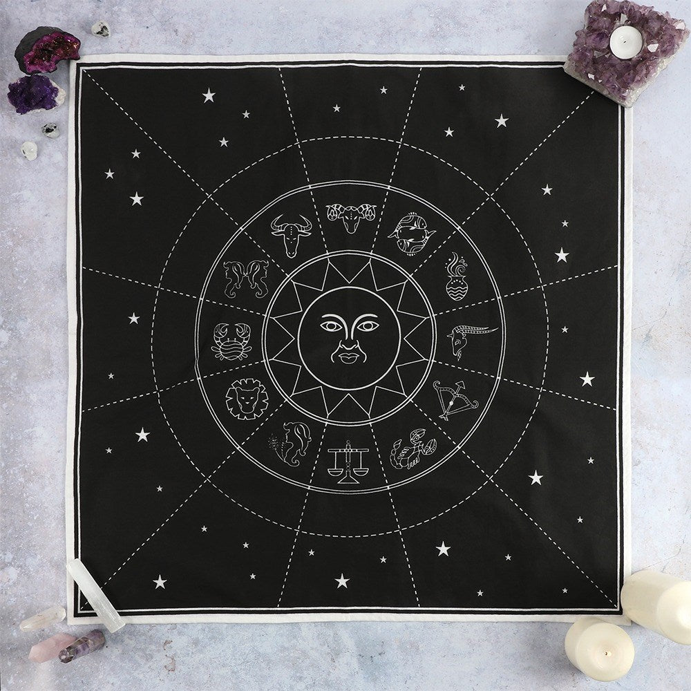 Look to the stars with this cotton altar cloth printed with a contemporary zodiac chart design. This astrological style is perfect for tarot, crystal and rune placement or as a decorative wall hanging.   Material: Cotton. Size: 70 x 70cm