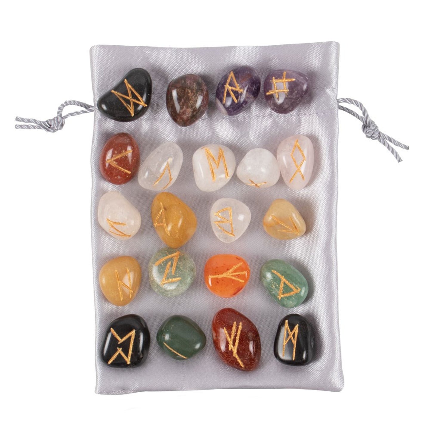 This boxed set of 25 gemstone runes includes a full set of engraved semi precious crystals in a satin drawstring pouch.  Used as an ancient form of divination dating back to the Viking Age.  Gift Box Display Size H 3cm x W 9cm x D 9cm