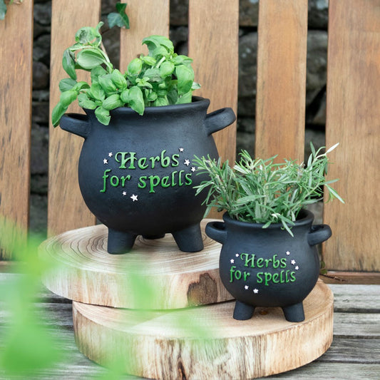 These beautiful large resin plant pots are shaped like a witch's cauldron. They feature raised 'Herbs for spells' text accented by a dusting of stars. Perfect for any green witch's garden or window sill! Also available in large size. Dimensions: H: 11cm x W: 13cm x D: 13cm