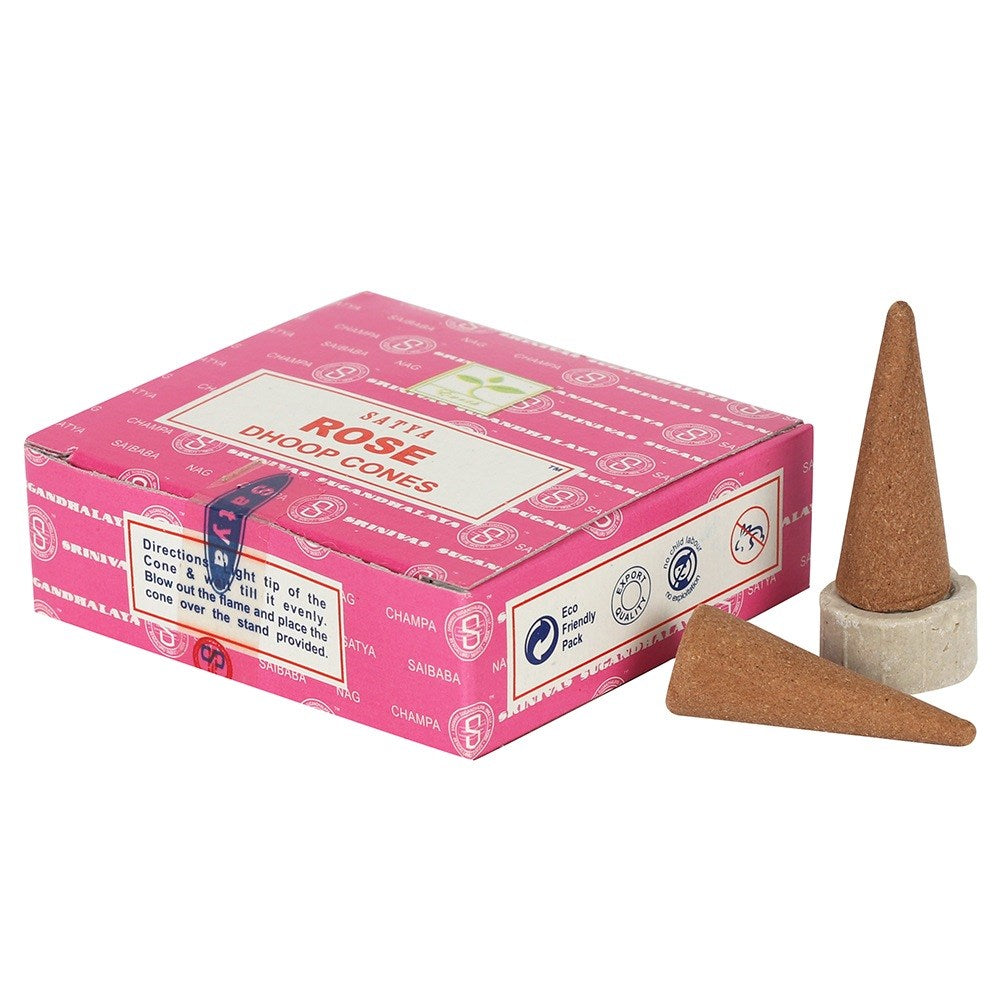 Satya Rose incense cones are crafted using the highest quality ingredients to offer long-lasting fragrance. Approx 12 cones per box.