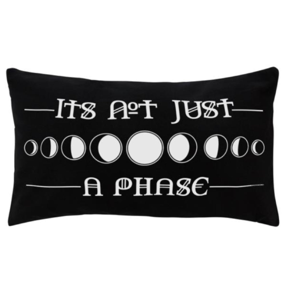 Black rectangular cushion with the words 'It's not just a phase' and detailing all phases of the moon in white. This cushion looks smart, making it a must for any moon lover!   Size: 50cm x 30cm 100% Cotton Cover with Polyester Fibre Filling