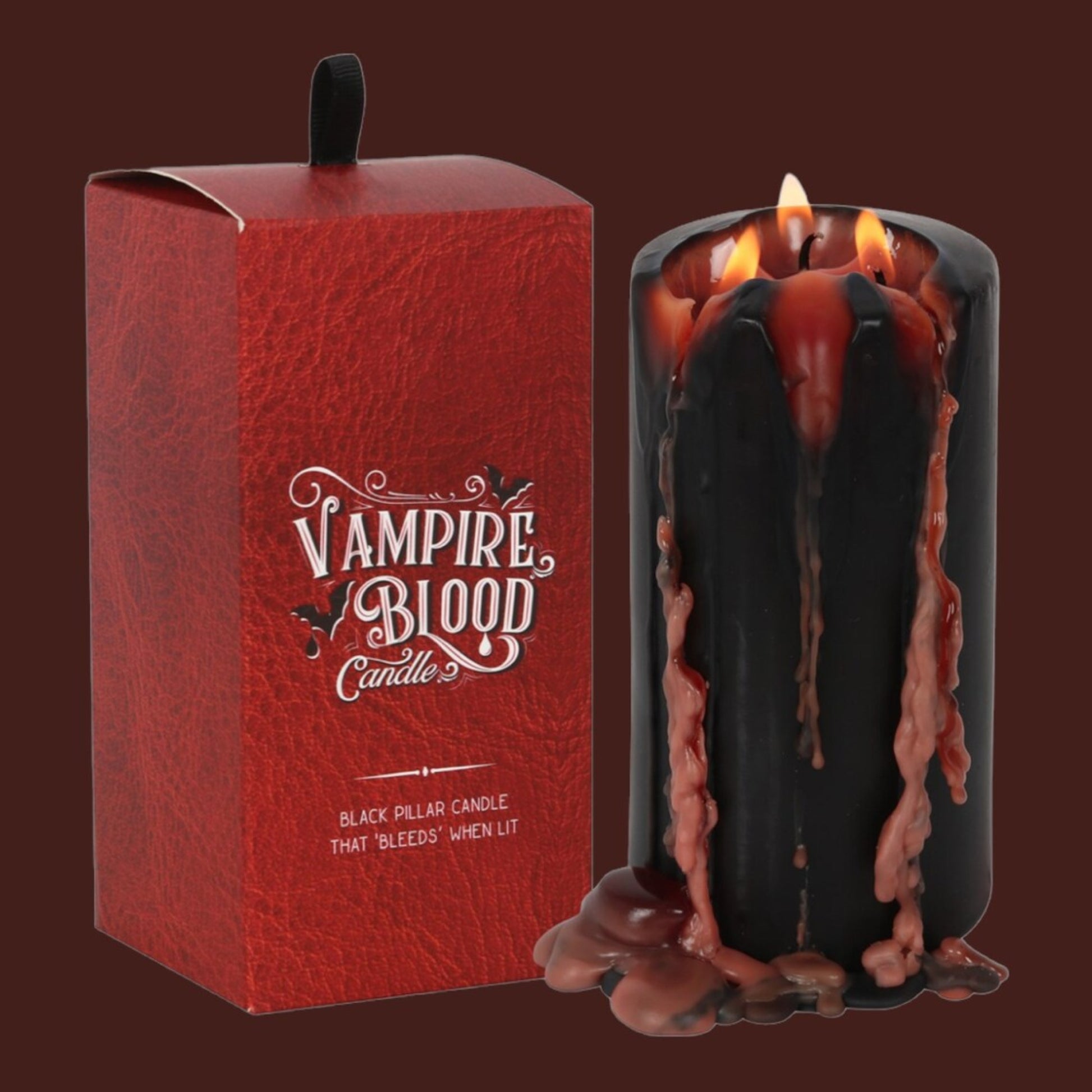 From candlelit dinners to eerie mood lighting, our large Vampire Blood pillar candle will entrance guests with its eye catching, bleeding wax effect. Place this unique candle on an ornate pedestal holder for a truly bewitching display when the warm wax bleeds down its sides. Size: H: 15.2cm x W: 7.5cm x D: 7.5cm Approximately 7 hour total burn time.
