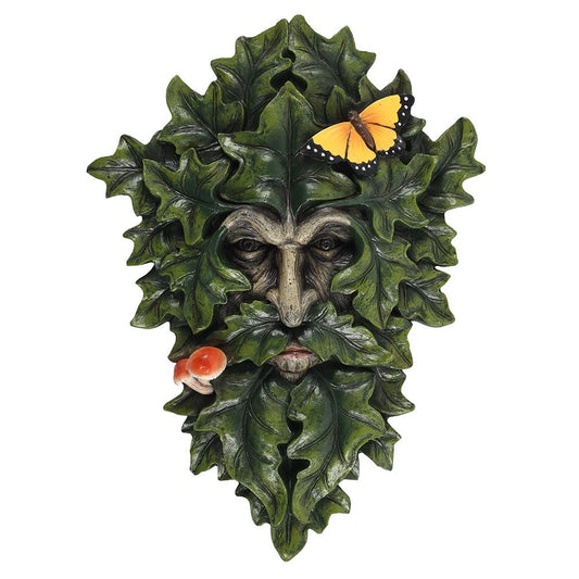 This strikingly handsome wall plaque of the Green Man is enhanced with butterfly and toadstool details. He would look eye-catching displayed indoors or out. The reverse of the plaque has a metal hook ready for hanging.  Size: H: 29 x W: 21cm