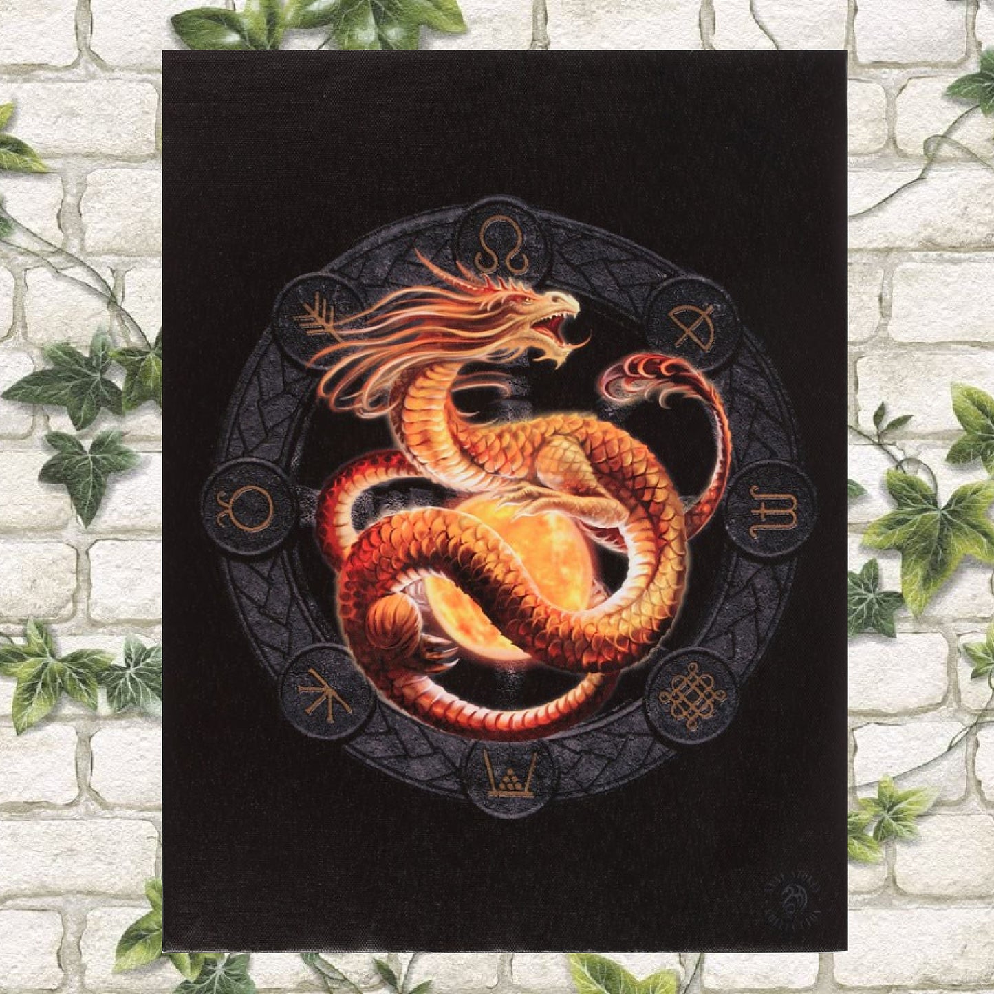 25cm x 19cm canvas wall plaque featuring a high quality, full colour print of the Litha dragon artwork by fantasy artist Anne Stokes. Part of the Dragons of the Sabbats art series