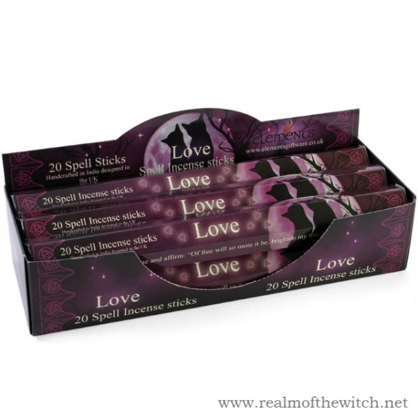 'Love' fragrance incense sticks. Each pack contains 20 sticks. Packaging is designed by Lisa Parker. Light the incense and affirm. Each stick is 24 cm long in a box of 20 sticks, with full colour artwork and an affirmation for each Spell: "Of free will so mote it be, brighten my true love to me"