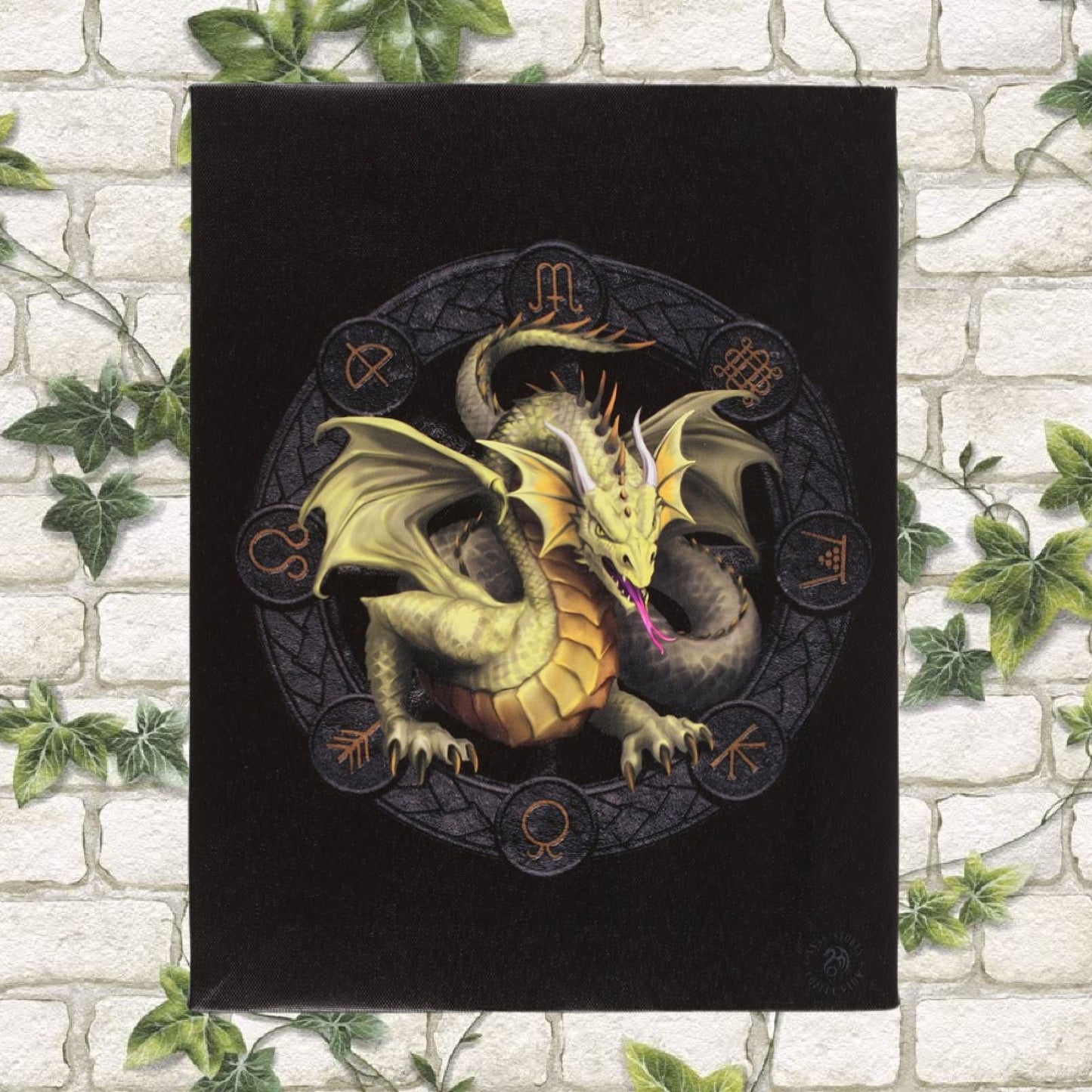 25cm x 19cm canvas wall plaque featuring a high quality, full colour print of the Mabon dragon artwork by fantasy artist Anne Stokes. Part of the Dragons of the Sabbats art series