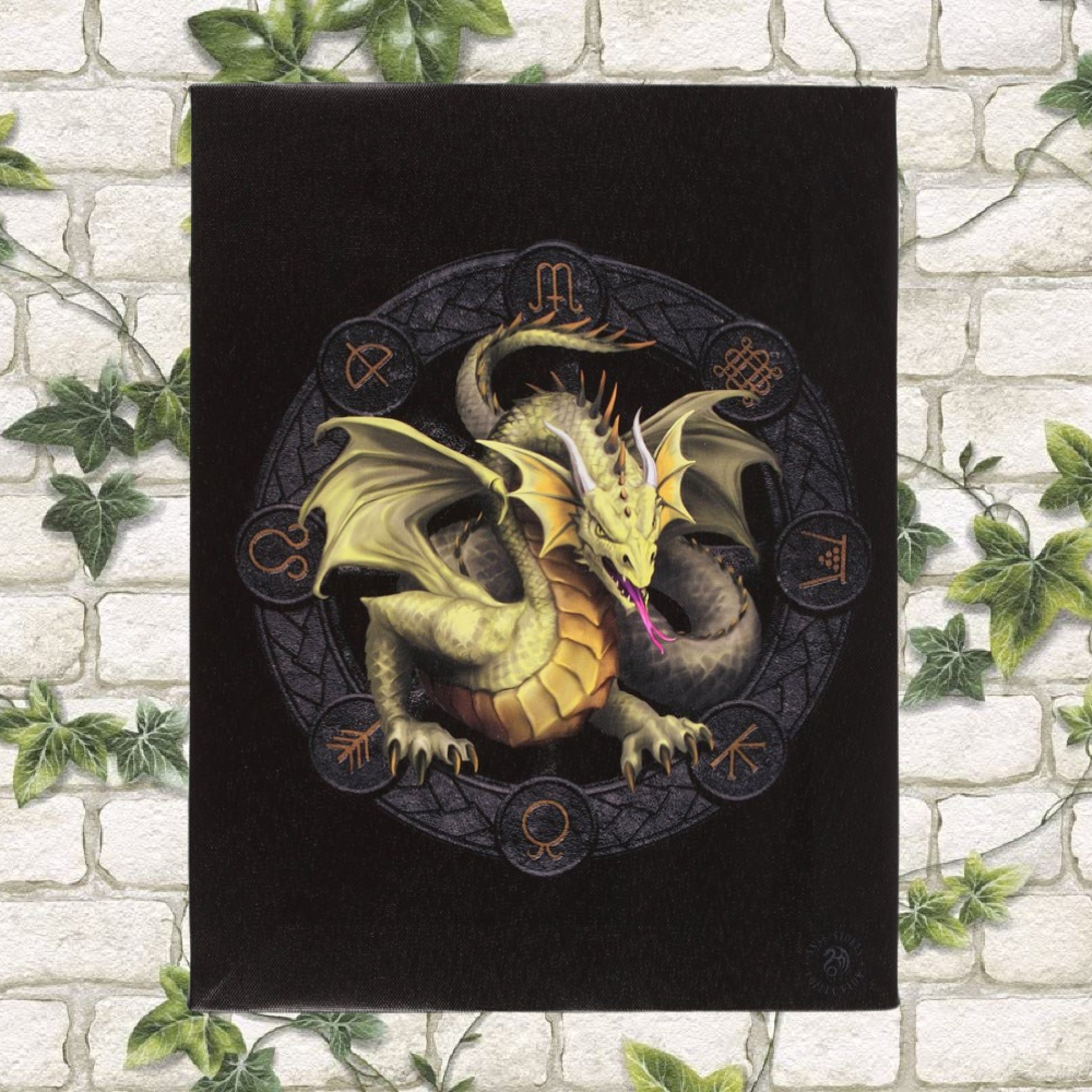 25cm x 19cm canvas wall plaque featuring a high quality, full colour print of the Mabon dragon artwork by fantasy artist Anne Stokes. Part of the Dragons of the Sabbats art series