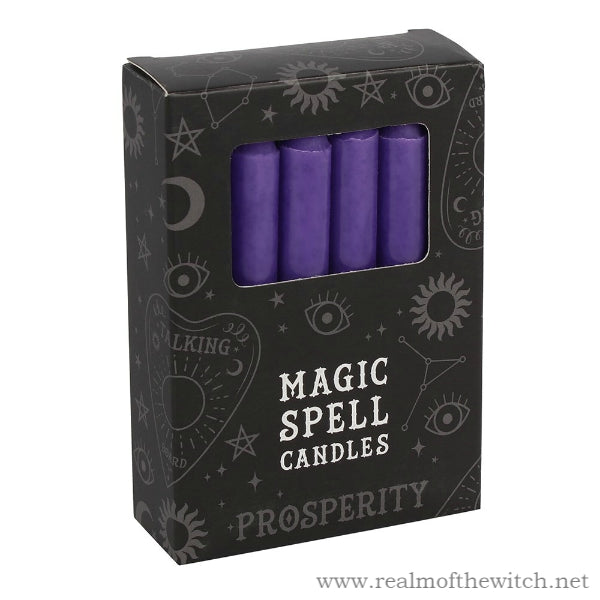 Pack of 12 purple spell candles for use with rituals for prosperity and ambition. Candle magic is one of the simplest forms of spell casting in which the caster decides on a goal, visualises the end result and focuses intent or will to manifest that result.