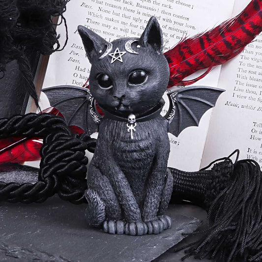 The cat is decorated in ornate silver detailing and satanic symbology. Cast in high-quality resin and carefully hand-painted this figurine is likely to be the cutest occultist you've ever seen. Alongside the Horned Cat, this amalgamation of horror and delight will make the perfect addition to any feline fanatic's collection.