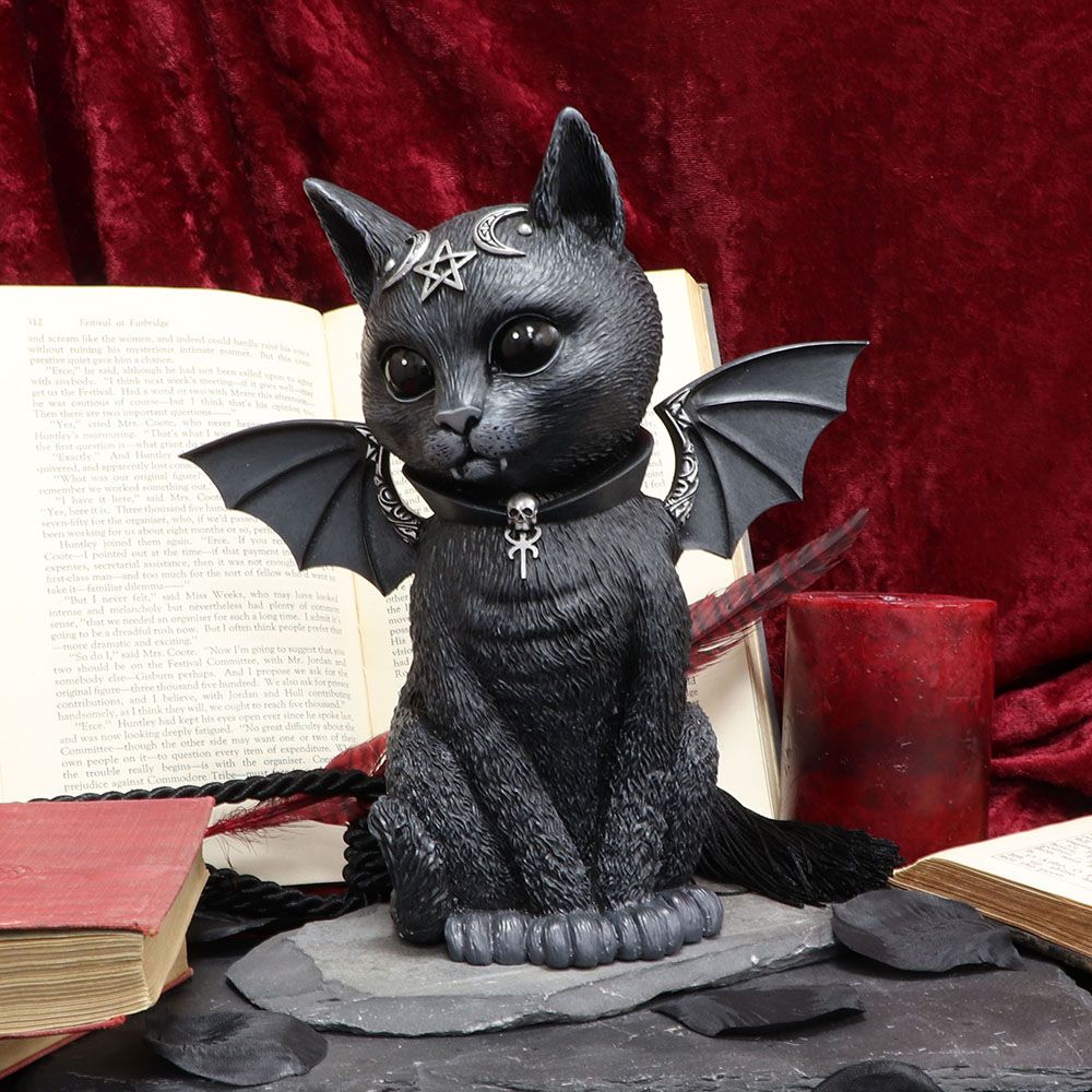 The cat is decorated in ornate silver detailing and occult symbology. Cast in high-quality resin and carefully hand-painted this figurine is likely to be the cutest occultist you've ever seen. Alongside the Horned Cat, this amalgamation of horror and delight will make the perfect addition to any feline fanatic's collection. 24cm tall