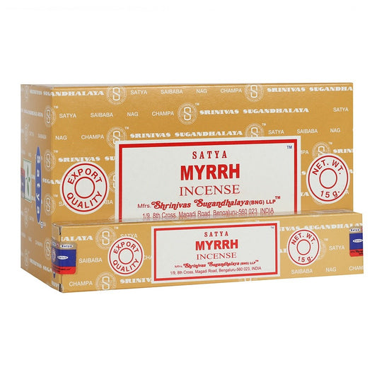 Some ancient cultures mixed Myrrh resin with wine for both pleasure and as an analgesic. Its scent is warm and slightly medicinal and is perfect for meditation and ritual uses. Myrrh is one of the many Satya incense scents we stock. Ever popular and fantastic quality makes these a winner. The sticks are hand rolled and each pack contains 15g - which is approximately 12-15 sticks, each of which lasts between 25-40 minutes