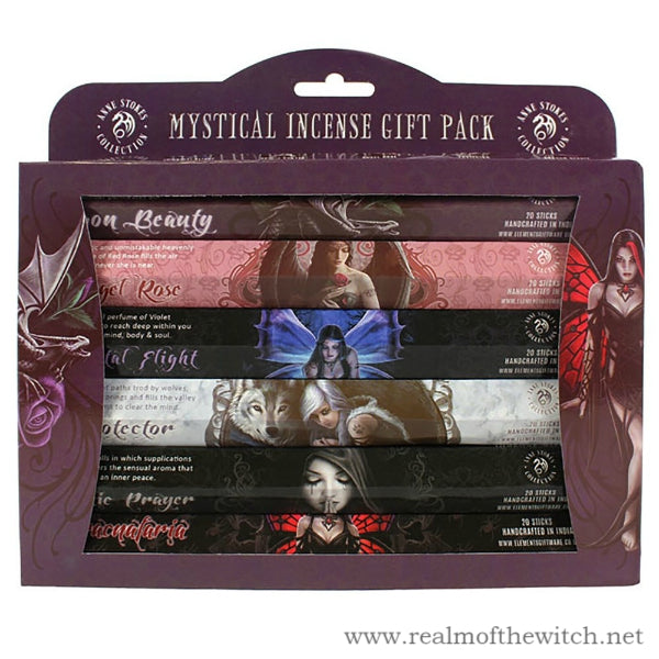 A gift pack from the mystical Anne Stokes incense range. It includes one hexagonal pack of each Mystical incense, six in total. Each hexagonal pack contains 20 sticks of incense that will fill your home with mystical scents:  Gothic Prayer ~ Musk Dragon Beauty ~ Amber Angel Rose ~ Red Rose Arachnafaria ~ Night Queen Protector ~ Camomile Immortal Flight ~ Violet