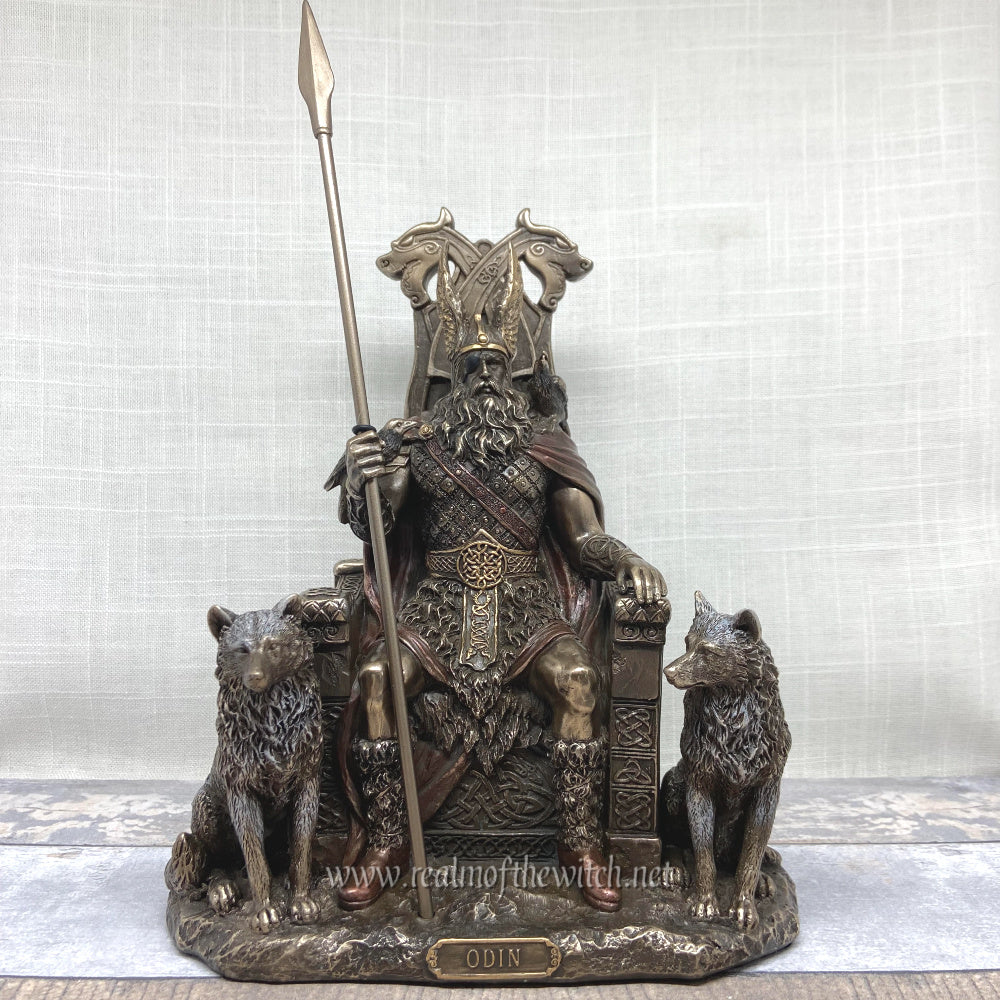 Cast in the finest resin before being given a bronzed finish. Odin, the 'All-Father of the Gods' sits on a large throne, spear in hand. He is flanked by his wolves, Geri and Freki, as his ravens, Huginn and Muninn, perch on his arm and shoulder. The perfect gift for any fan of Norse mythology!