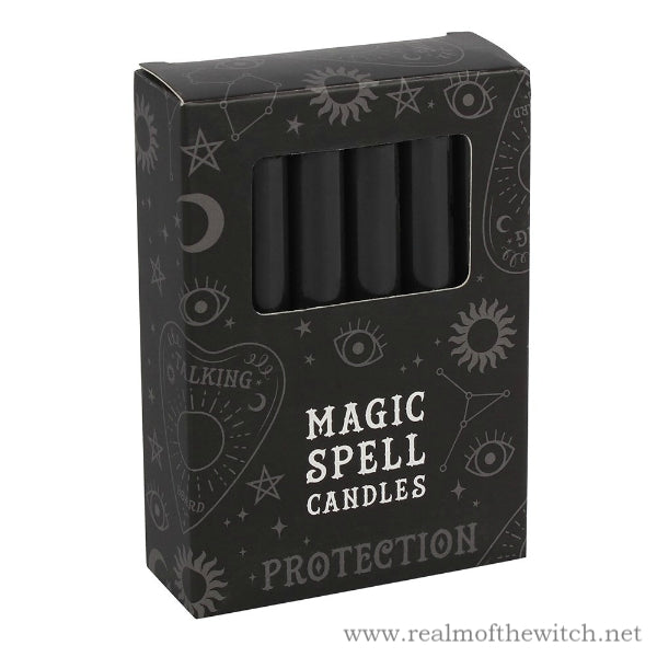Pack of 12 black spell candles for use with rituals to attract protection. Candle magic is one of the simplest forms of spell casting in which the caster decides on a goal, visualises the end result and focuses intent or will to manifest that result.