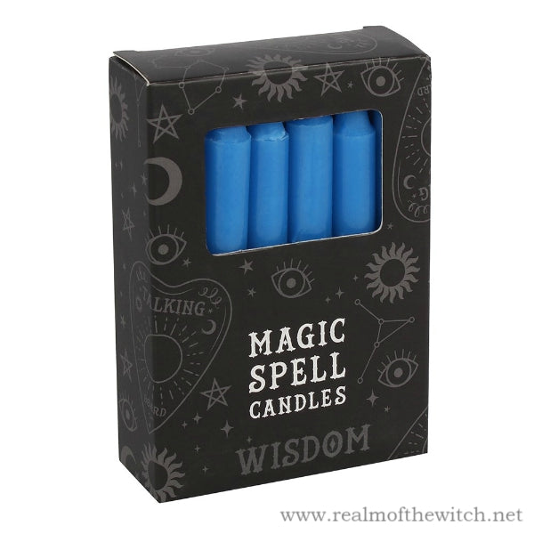Pack of 12 dark blue spell candles for use with rituals to attract wisdom. Candle magic is one of the simplest forms of spell casting in which the caster decides on a goal, visualises the end result and focuses intent or will to manifest that result.