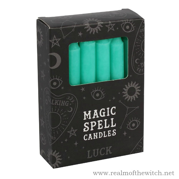 Pack of 12 green spell candles for use with rituals to attract luck, money and even fertility. Candle magic is one of the simplest forms of spell casting in which the caster decides on a goal, visualises the end result and focuses intent or will to manifest that result.