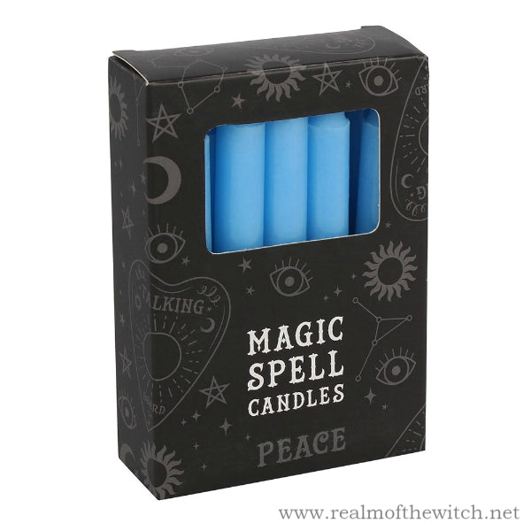 Pack of 12 light blue spell candles for use with rituals to attract peace. Candle magic is one of the simplest forms of spell casting in which the caster decides on a goal, visualises the end result and focuses intent or will to manifest that result.