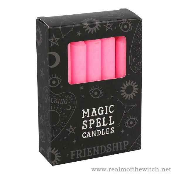 Pack of 12 pink spell candles for use with rituals to attract friendship, emotional well-being and matters of the heart. Candle magic is one of the simplest forms of spell casting in which the caster decides on a goal, visualises the end result and focuses intent or will to manifest that result.