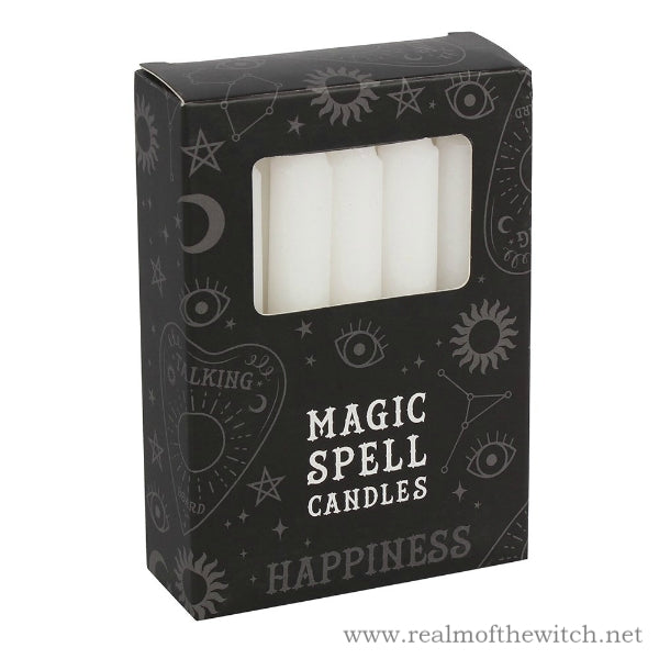 Pack of 12 white spell candles for use with rituals to attract happiness, new beginnings and spiritual growth. Candle magic is one of the simplest forms of spell casting in which the caster decides on a goal, visualises the end result and focuses intent or will to manifest that result.