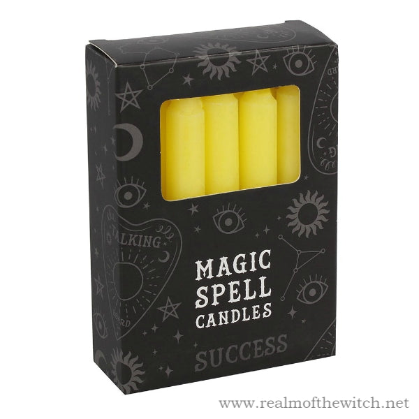 Pack of 12 yellow spell candles for use with rituals to attract success, focus and intuition. Candle magic is one of the simplest forms of spell casting in which the caster decides on a goal, visualises the end result and focuses intent or will to manifest that result.