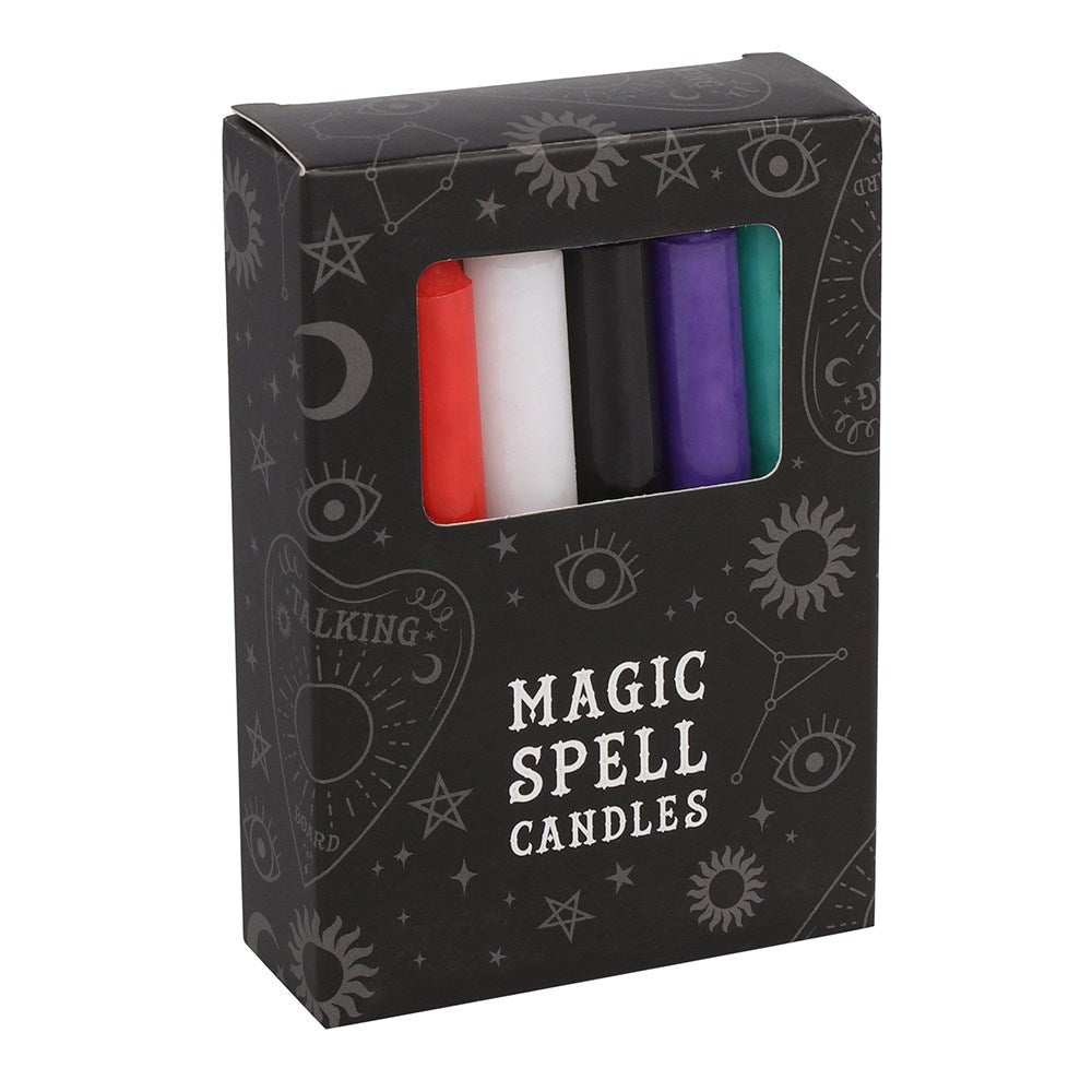 Pack of 12 mixed spell candles containing these colours; 2 x black, 2 x white, 1 x purple, 1 x dark blue, 1 x light blue, 1 x orange, 1 x green, 1 x red, 1 x yellow and 1 x pink candle. Made from paraffin wax.