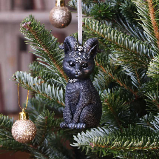 Pawzuph, the horned black cat, sits and stares at you adoringly. As you look into its black eyes you notice the darkness that resides. Inside this cat appears to be the spirit of Baphomet, encapsulated by goat horns and satanic symbology. Cast in high-quality resin and carefully hand-painted. 