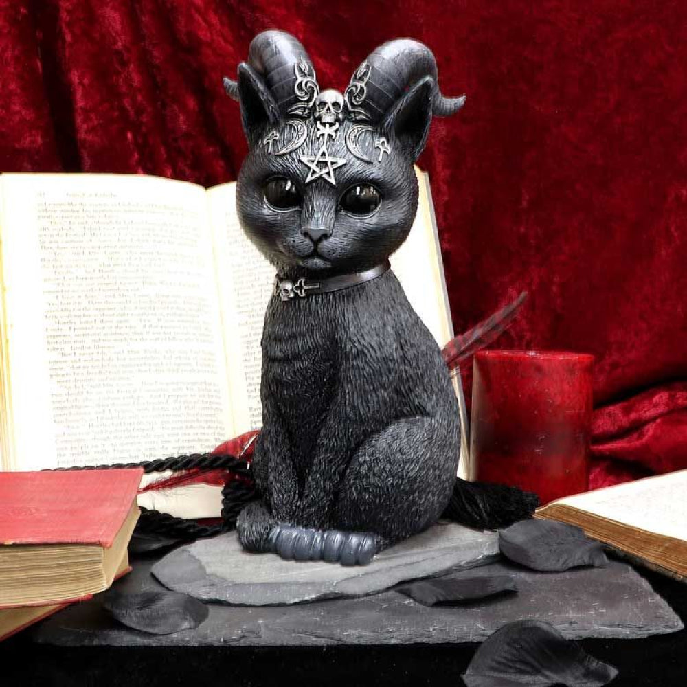 This cat appears to be invoking the spirit of Baphomet, encapsulated by goat horns and occult symbology. Cast in high-quality resin and carefully hand-painted this figurine is likely to be the cutest occultist you've ever seen. Alongside the Bat Cat, this amalgamation of horror and delight will make the perfect addition to any feline fanatic's collection.