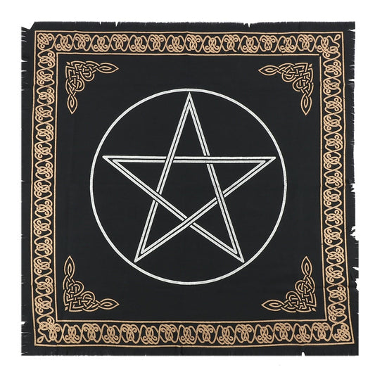 This black altar cloth has been decorated with a striking metallic gold and silver Pentacle design and a Celtic-inspired border. The Pentagram is often associated with protection from evil and symbolises connection between five elements; spirit, air, water, earth and fire.  Size: H: 64cm X W: 64cm X D: 0.1cm