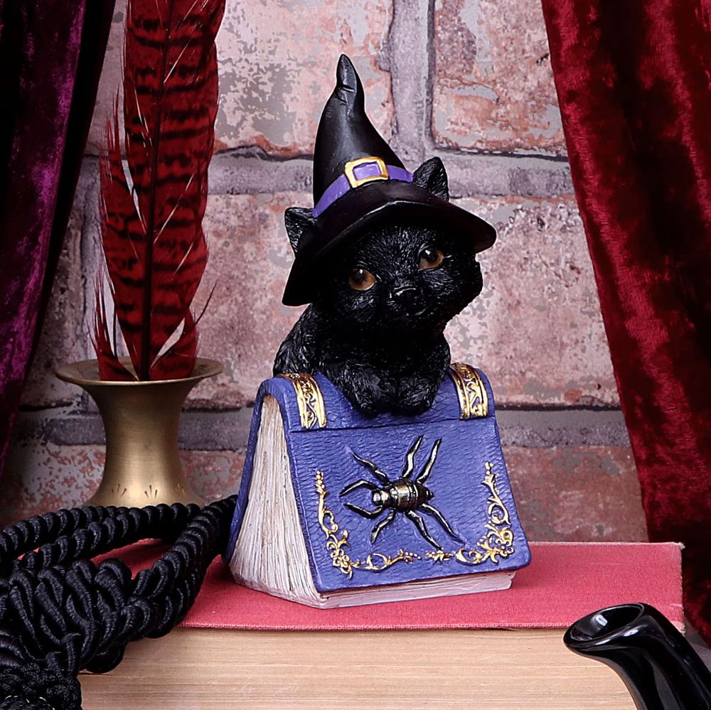 This sweetest little cat figurine is cast in high-quality resin before being hand-painted. Pocus is feeling playful while standing tall, next to a purple spellbook. With a black Witches hat on her head and large silvered spider decorating the grimoire, this piece is the perfect gift for the witch in your life.