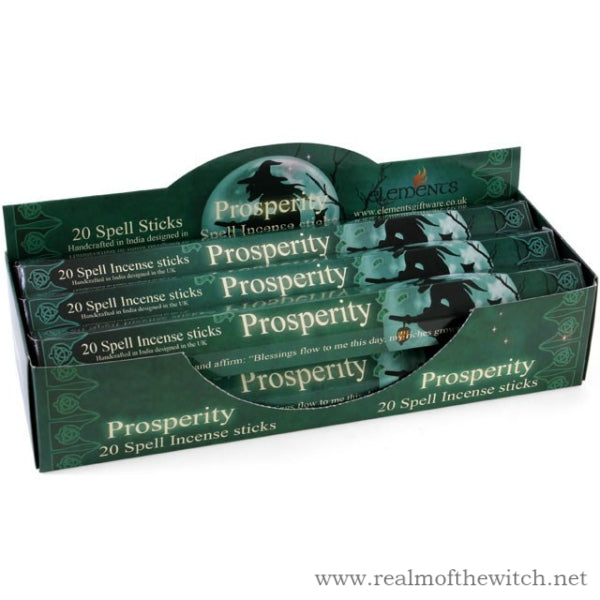 Prosperity fragranced incense sticks. Each pack contains 20 sticks. Packaging is designed by Lisa Parker. Light the incense and affirm. Each stick is 24 cm long in a box of 20 sticks, with full colour artwork and an affirmation for each Spell: "Blessings flow to me this day, my riches grow in every way."