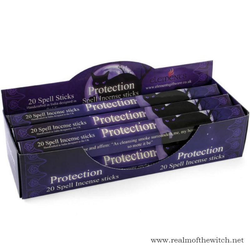 Protection fragrance incense sticks. Each pack contains 20 sticks. Packaging is designed by Lisa Parker. Light the incense and affirm 'A cleansing smoke surroundeth me, my home is protected, so mote it be.'