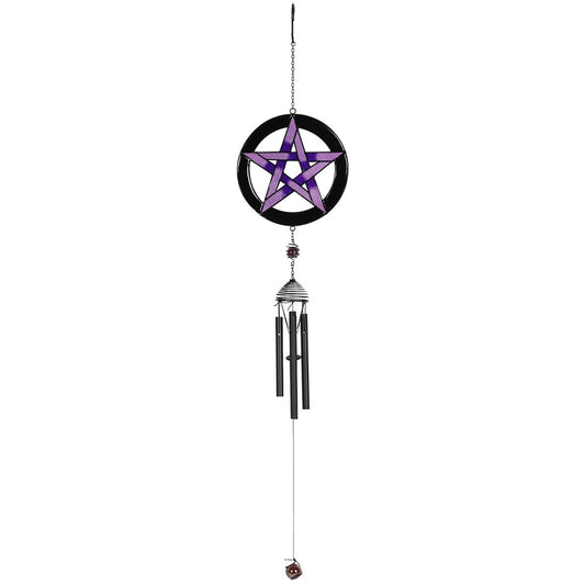 This simple yet beautiful windchime features a Pentagram design in shades of purple.  A lovely accessory to brighten up the garden or by a window in your home. 79cm long