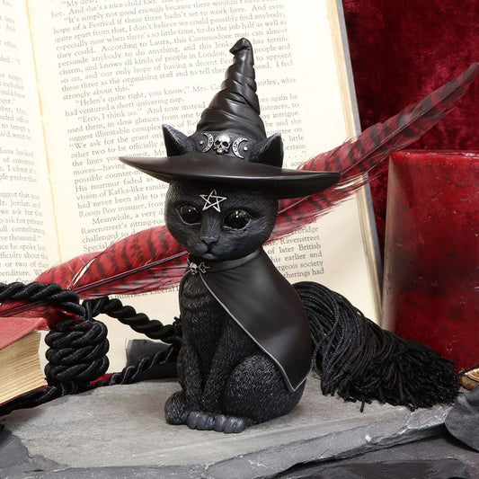 This cult cutie witch cat is decorated in ornate silver detailing and occult symbols. Cast in quality resin and hand-painted. Alongside Owlocen, the Witch Owl, this pair will look amazing in any home. 13.5cm tall