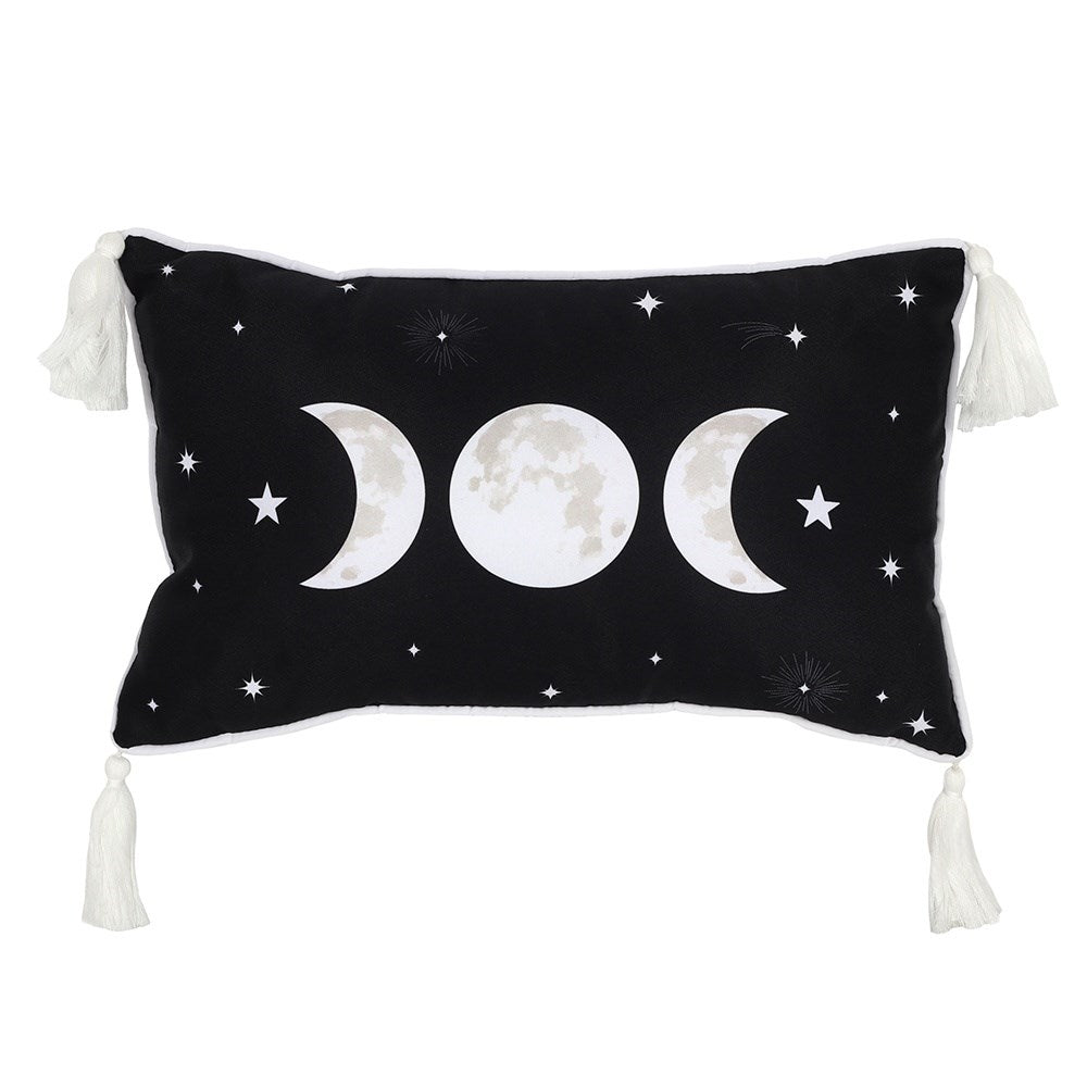 This lovely rectangular fabric cushion is black in colour with a white and grey triple moon design and white tassel accessory on each corner. Zip closure so inner can be removed.  Size: H25cm X W40cm X D10cm
