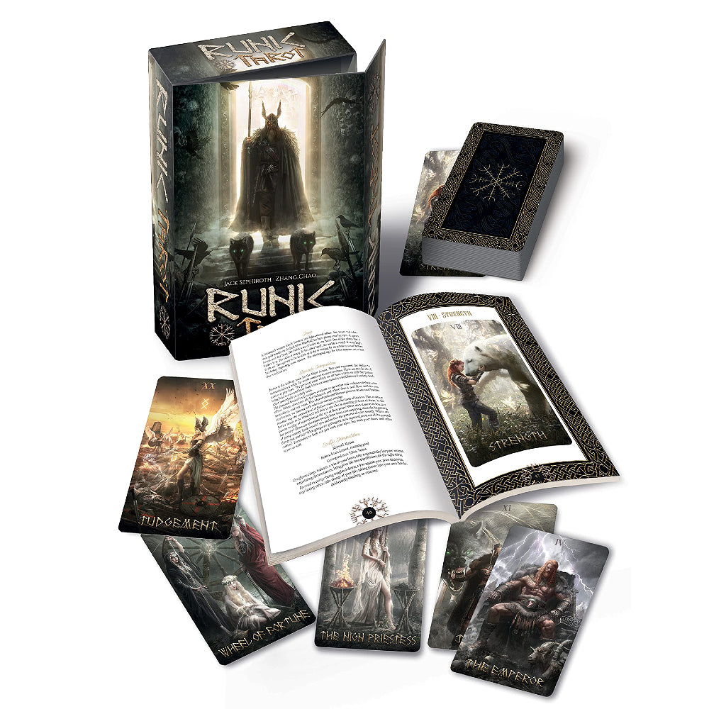 Valhalla: the Realm of the Gods. From the author of the Heaven & Earth Tarot, the Runic Tarot is the ultimate deck created over Norse mythology. This deck is a powerful, fierce holder of an ancient aura. It weaves together the wisdom of the Runes, the poetry of the Skalds, the valour of the Einherjars, and the evergreen bounty of life and nature. Runic Tarot is a tribute to the divine spark within humanity. With the companion book written by American writer Jaymi Elford.