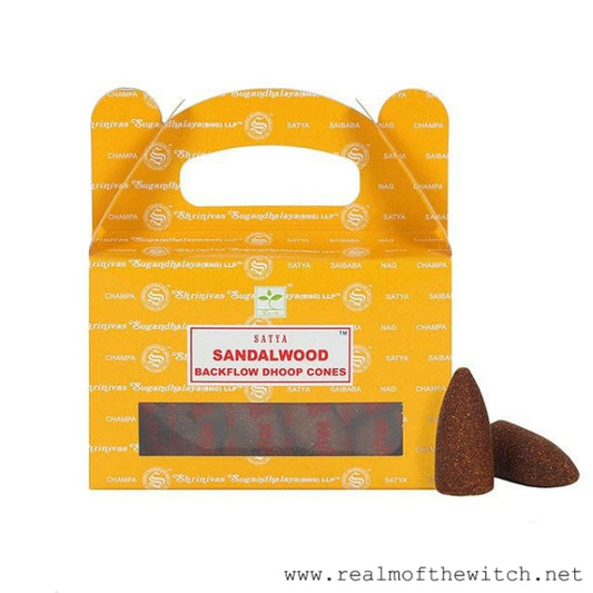 Sandalwood backflow incense cones developed by Satya Sai Baba.  The cones are crafted using the highest quality ingredients to offer long-lasting fragrance.  Use these cones with a backflow incense burner ;to create stunning smoke displays.  Each box contains 24 Dhoop Cones