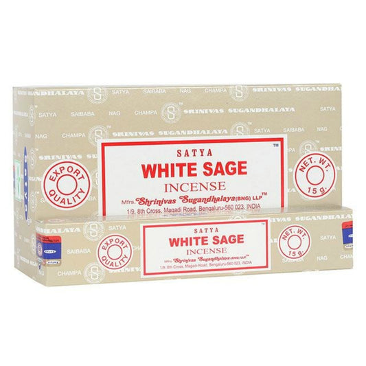 Satya White Sage incense sticks. Satya incense is made using the highest quality ingredients and each stick is handrolled in India using artisanal methods passed down from generation to generation. Approx 12 sticks per pack. Burn time 45 minutes each stick.
