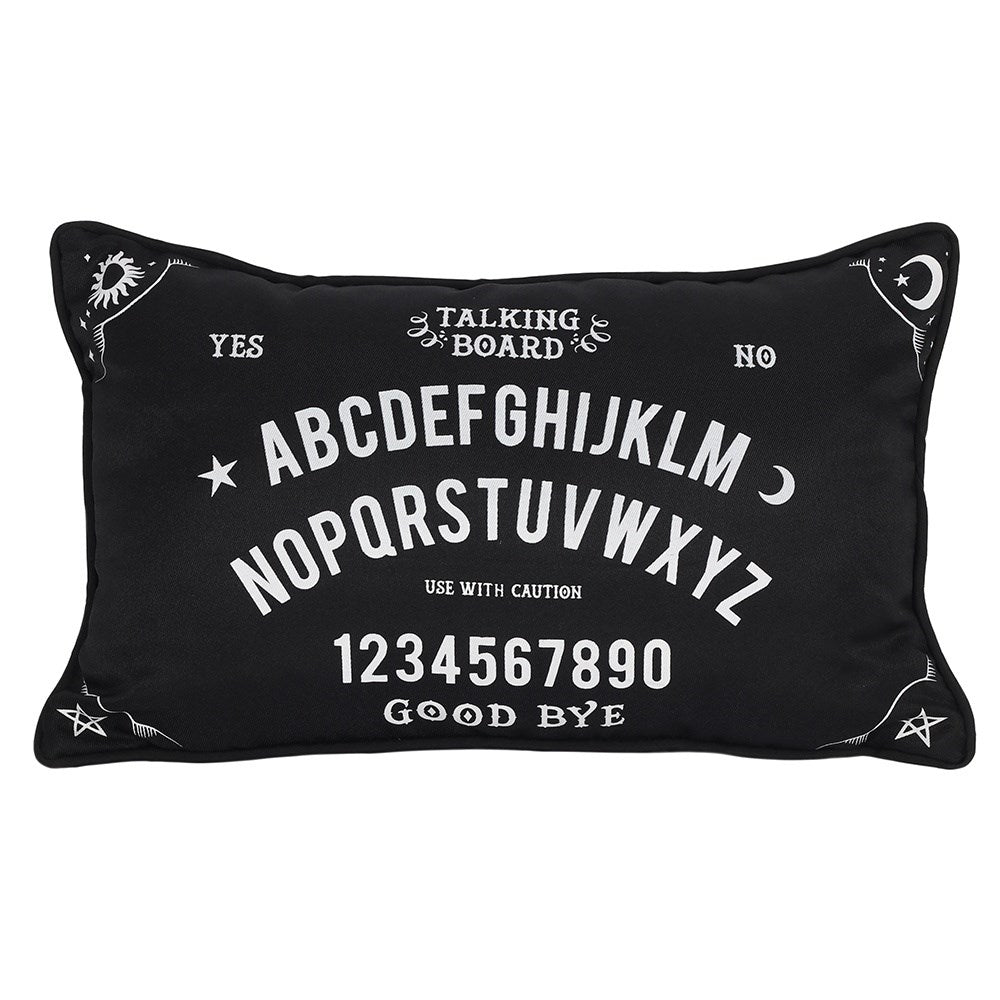 This lovely rectangular fabric cushion is black in colour with a white ouija talking board design. Zip closure so inner can be removed.   Size: H: 25cm x W: 40cm x D: 10cm