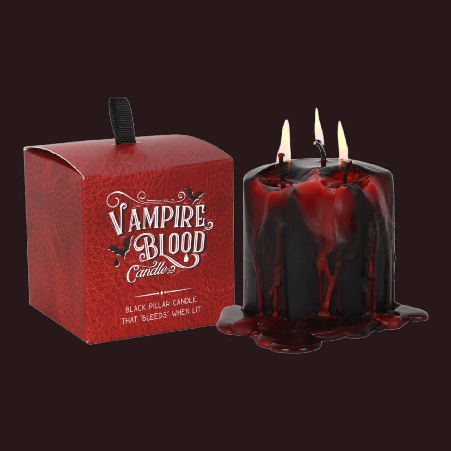 From candlelit dinners to eerie mood lighting, our small Vampire Blood pillar candle will entrance guests with its eye catching, bleeding wax effect. Place this unique candle on an ornate pedestal holder for a truly bewitching display when the warm wax bleeds down its sides. Approximately 3 hour total burn time.