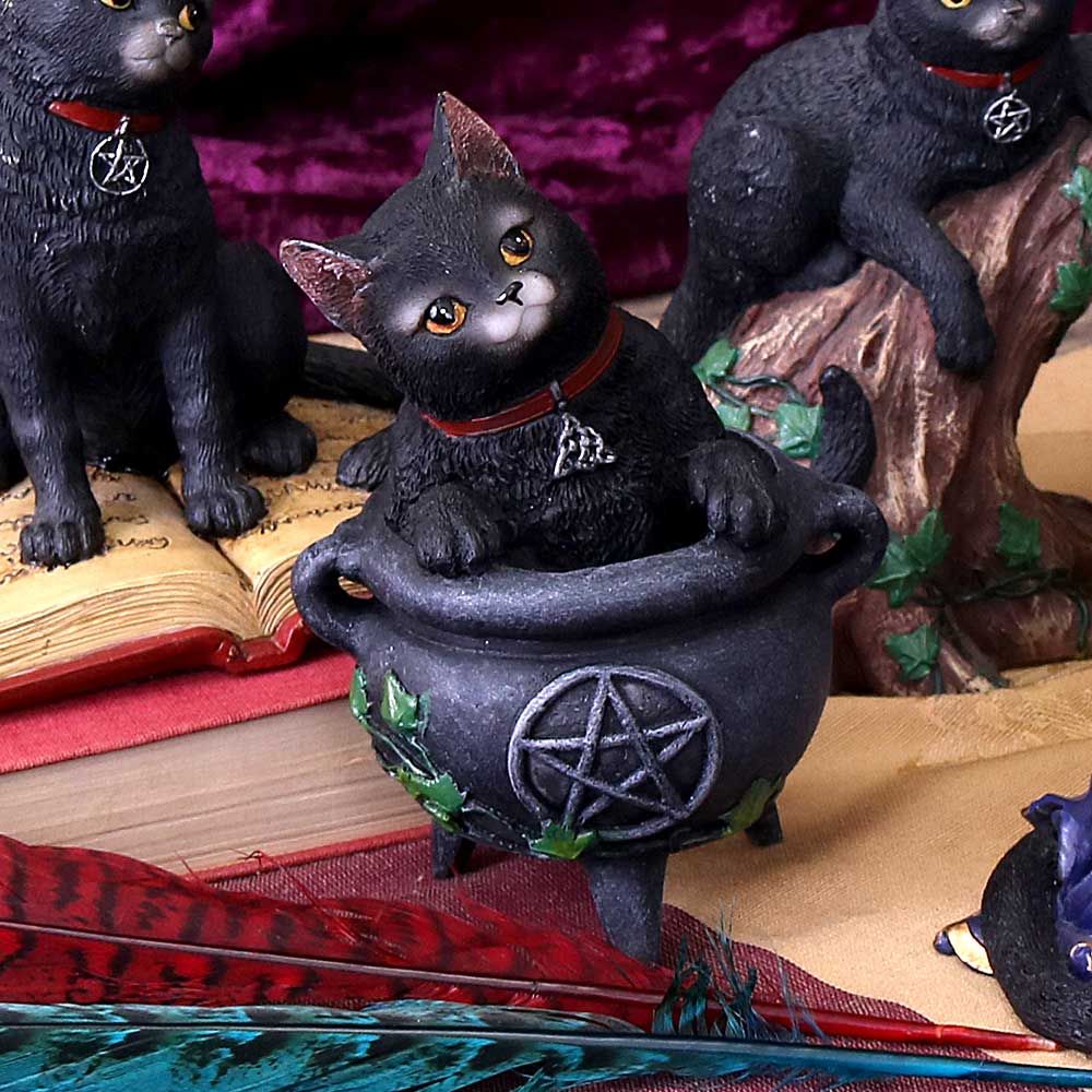 Sat happily in a cauldron, this black cat has a silver triquetra medallion hanging from their red collar. A cute companion for the witch in your life. This gorgeous little cute cat is cast in high-quality resin before being hand-painted. 