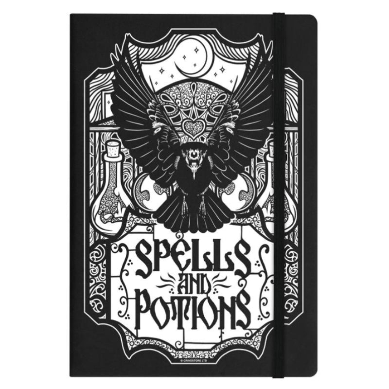 Featuring a raven in flight, surrounded by potion bottles, this A5 sized notebook/journal contains 190 lined pages and is just the right size for writing down all your thoughts/observations or spells.  Size: H: 21cm x W: 14cm Contains approximately 190 lined pages
