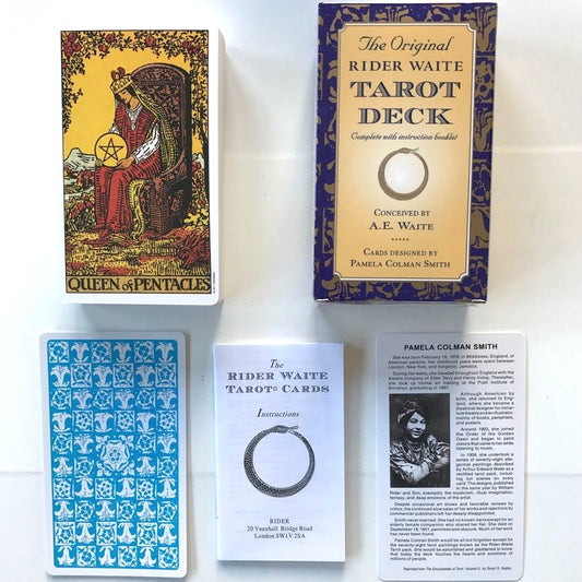 The Original Rider Waite Tarot Deck By Arthur Edward Waite. There are 78 tarot cards, divided into the Major and Minor Arcana and an instructional booklet explaining how to interpret the cards. The cards themselves are 2.75" by 4.75", of good quality, glossy card stock.