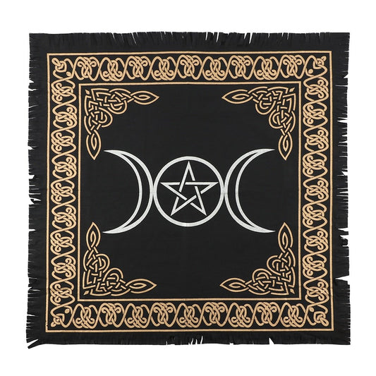 This black altar cloth has been decorated with a striking metallic gold and silver Triple Moon Pentacle design and a Celtic-inspired border. The Triple Moon is often associated with the Triple Goddess and the Pentacle symbolises connection between five elements; spirit, air, water, earth and fire.  Size: H: 64cm X W: 64cm X D: 0.1cm