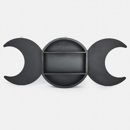 This black triple moon shelving display has the central moon as the storage area with two crescents either side which open out for display. A fantastic focal point for any room.  Material: MDF Dimensions: H: 36cm x W: 93cm x D: 10cm