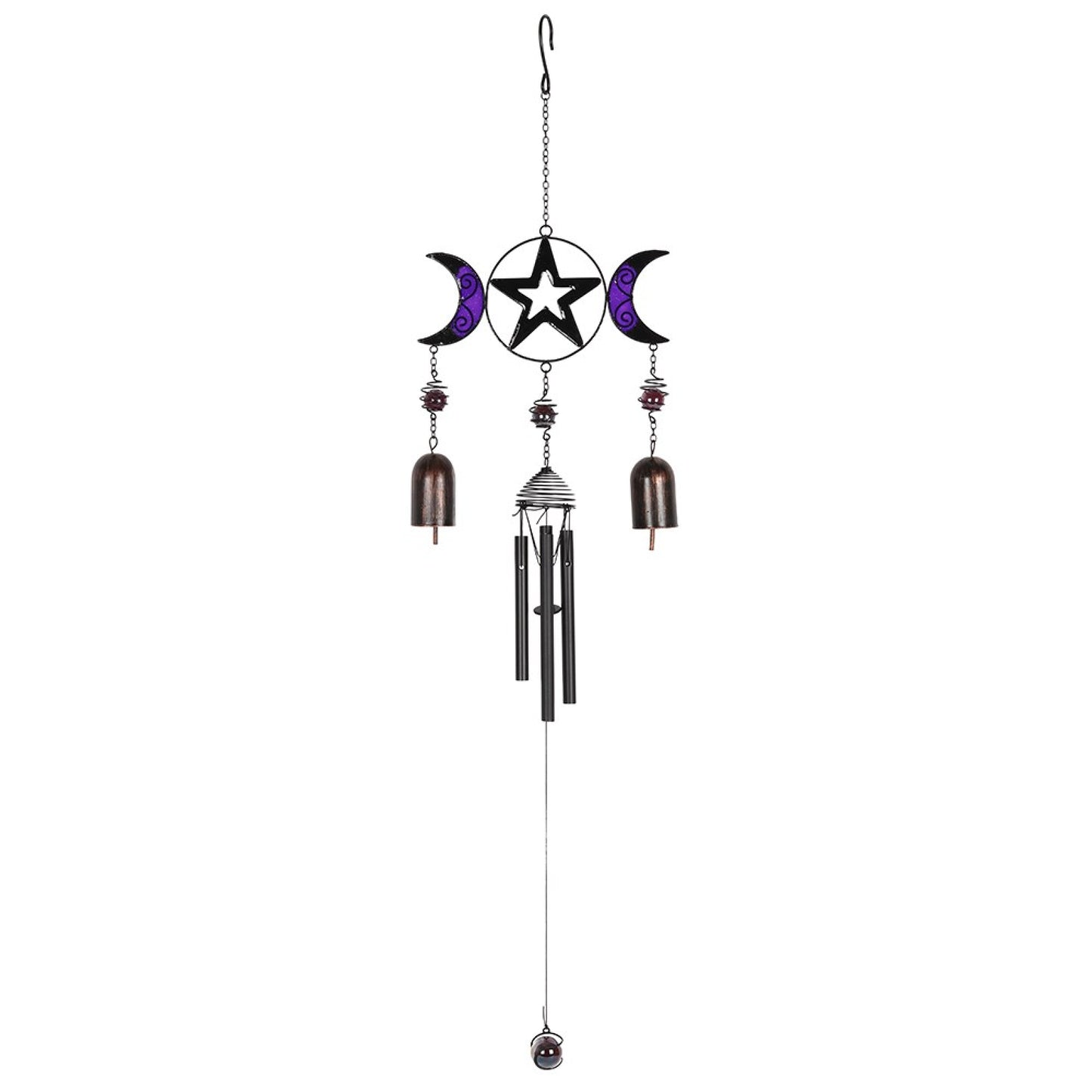 This Triple Moon windchime sounds truly magical thanks to its melodic bells which tinkle when caught in the breeze.  A lovely accessory to brighten up the garden or by an open window in your home.  Materials Polyresin & Metal Dimensions H 42cm x W 17cm x D 4cm