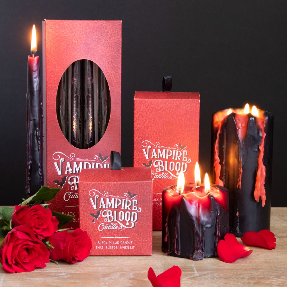 From candlelit dinners to eerie mood lighting, our Vampire Blood taper candles will entrance guests with their eye catching, bleeding wax effect.  Place these black and red candlesticks in an ornate candelabra for a truly bewitching display when the warm wax 'bleeds' down its sides.  Sold in boxes of 8. Approximately 2 hour burn time per candle.  Size: H: 25.5cm x W: 9cm x D: 4.5cm