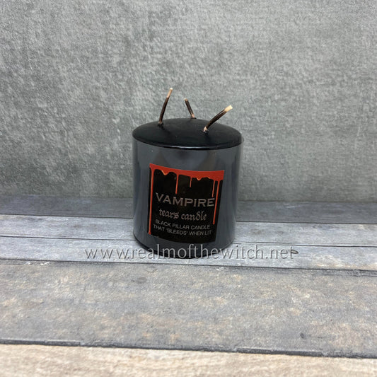 This pillar Vampire Tears candle gets its name from the bright red coloured wax which melts and drips after lighting the wicks. Made from paraffin wax the candle has three wicks for even burning and has an approx burn time of 15 hours. 