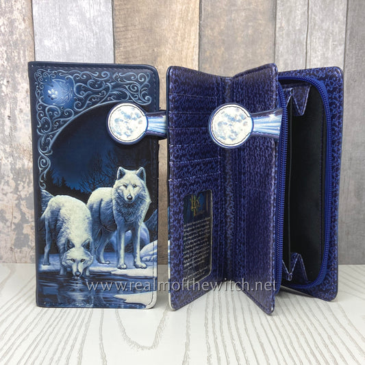 Lisa Parker brings us this stunning embossed Purse featuring her Warriors of Winter artwork. Two white wolves stand in a frozen landscape in front of a pool. One stands alert and vigilant, the other steps into the pool to drink from it but still looks straight ahead. With embossed detailing creating a 3D effect, this Purse is the perfect for anyone who feels the call of the wild.